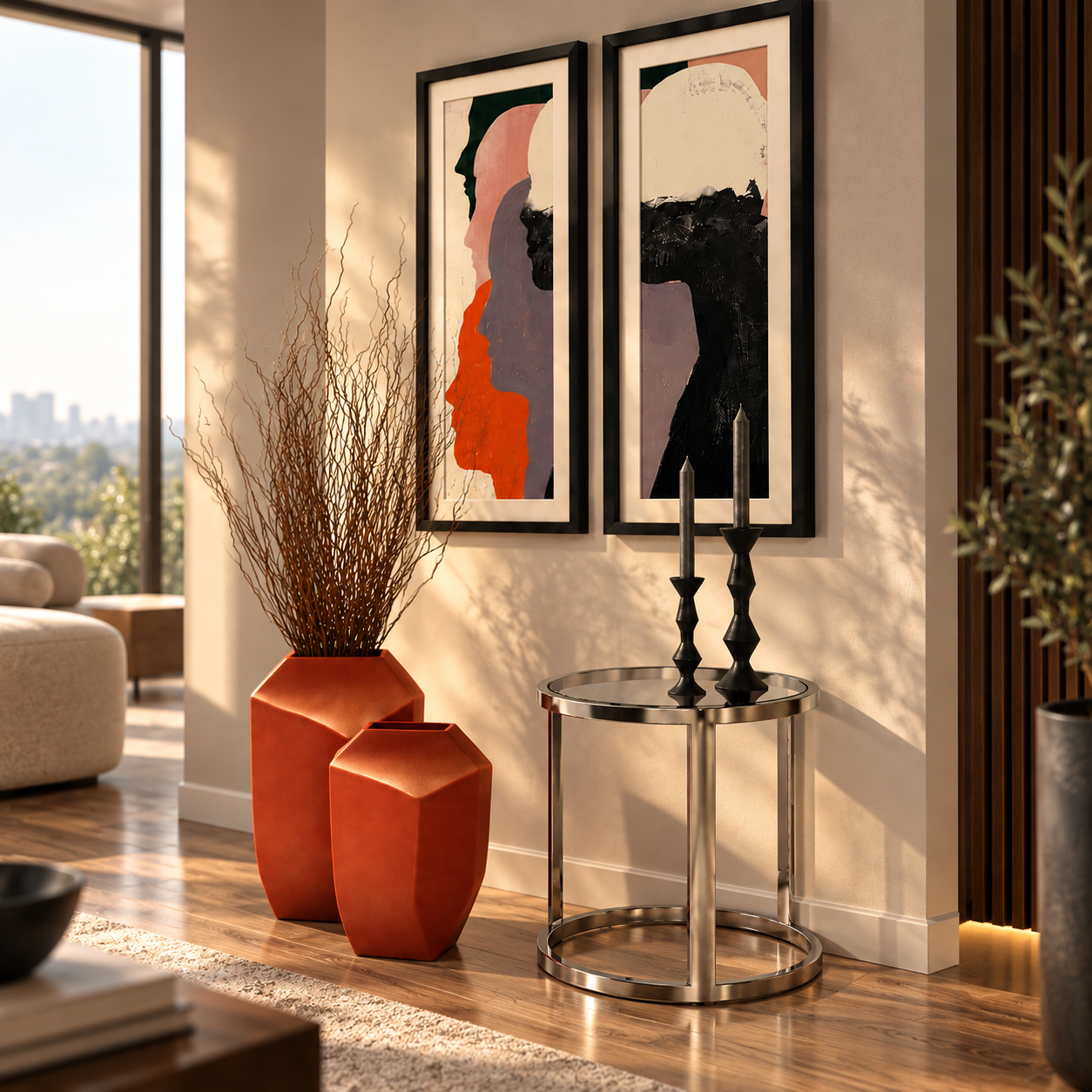 Abstract Black Frame Wall Art and Orange Vase Decor 3D Model 4