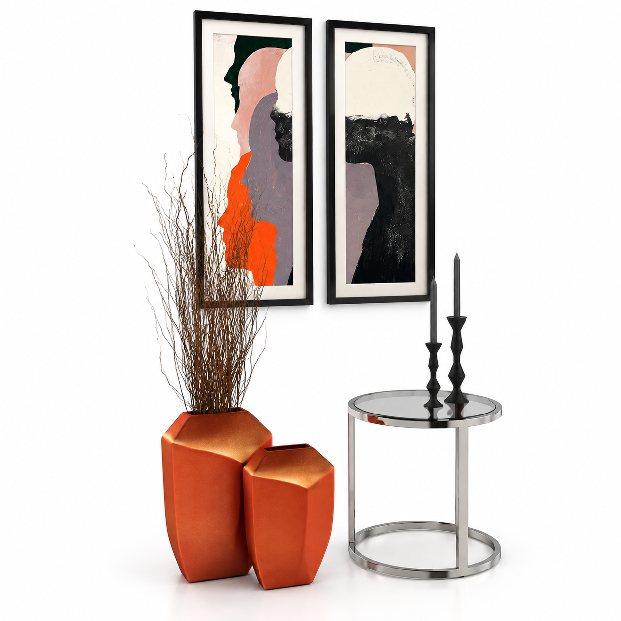 Abstract Black Frame Wall Art and Orange Vase Decor 3D Model 1