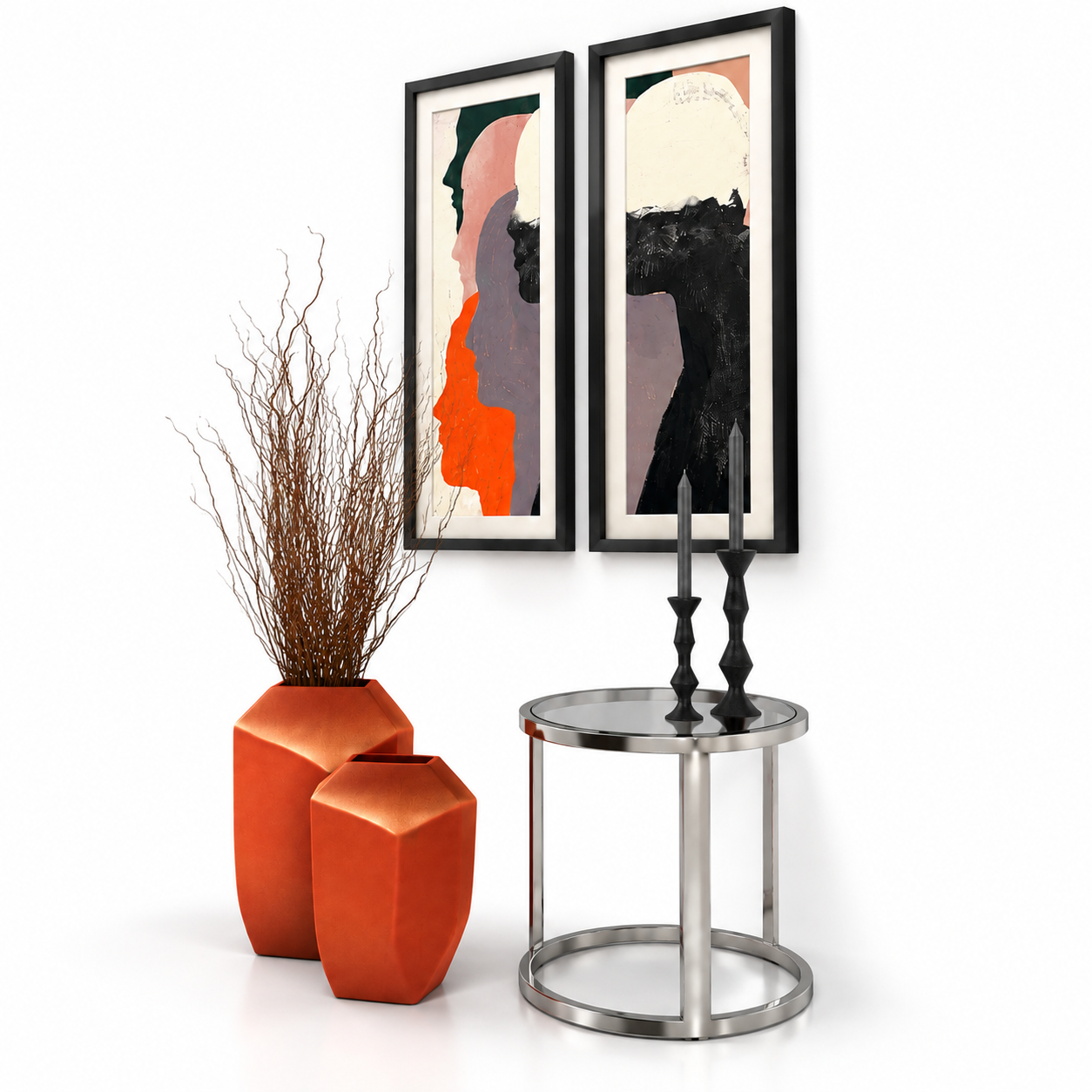 Abstract Black Frame Wall Art and Orange Vase Decor 3D Model 3