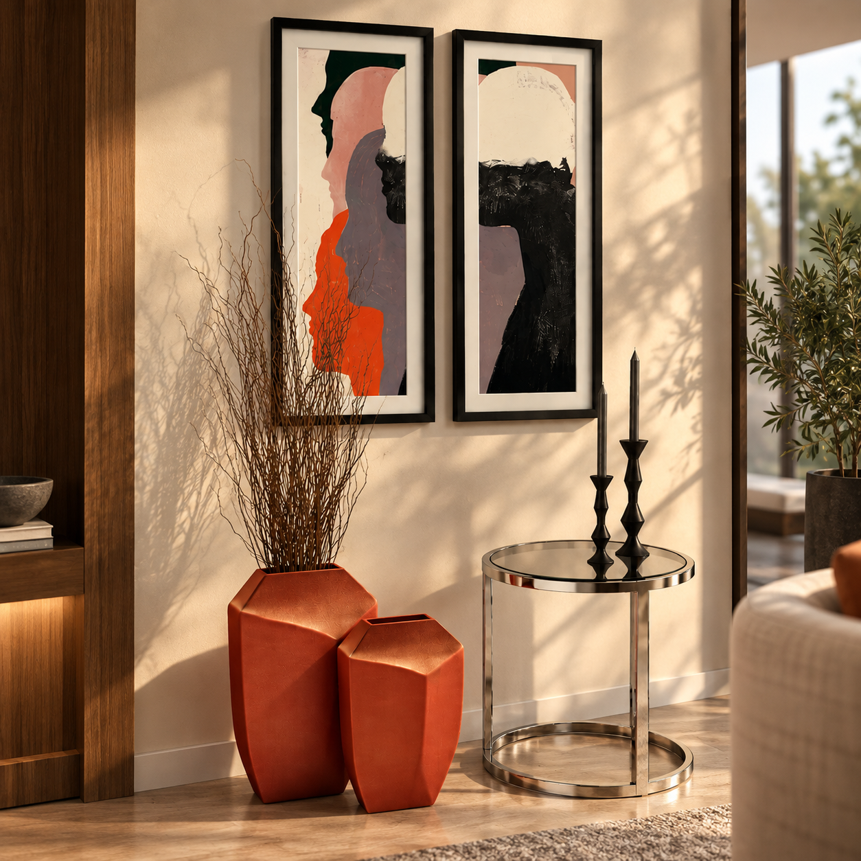 Abstract Black Frame Wall Art and Orange Vase Decor 3D Model 2