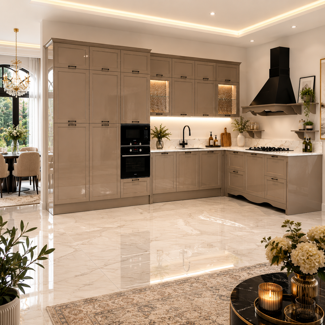 Greige Shaker Kitchen – White Veined Worktop 3D Model 2