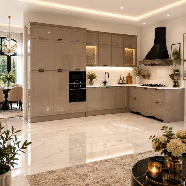 Greige Shaker Kitchen – White Veined Worktop 3D Model back