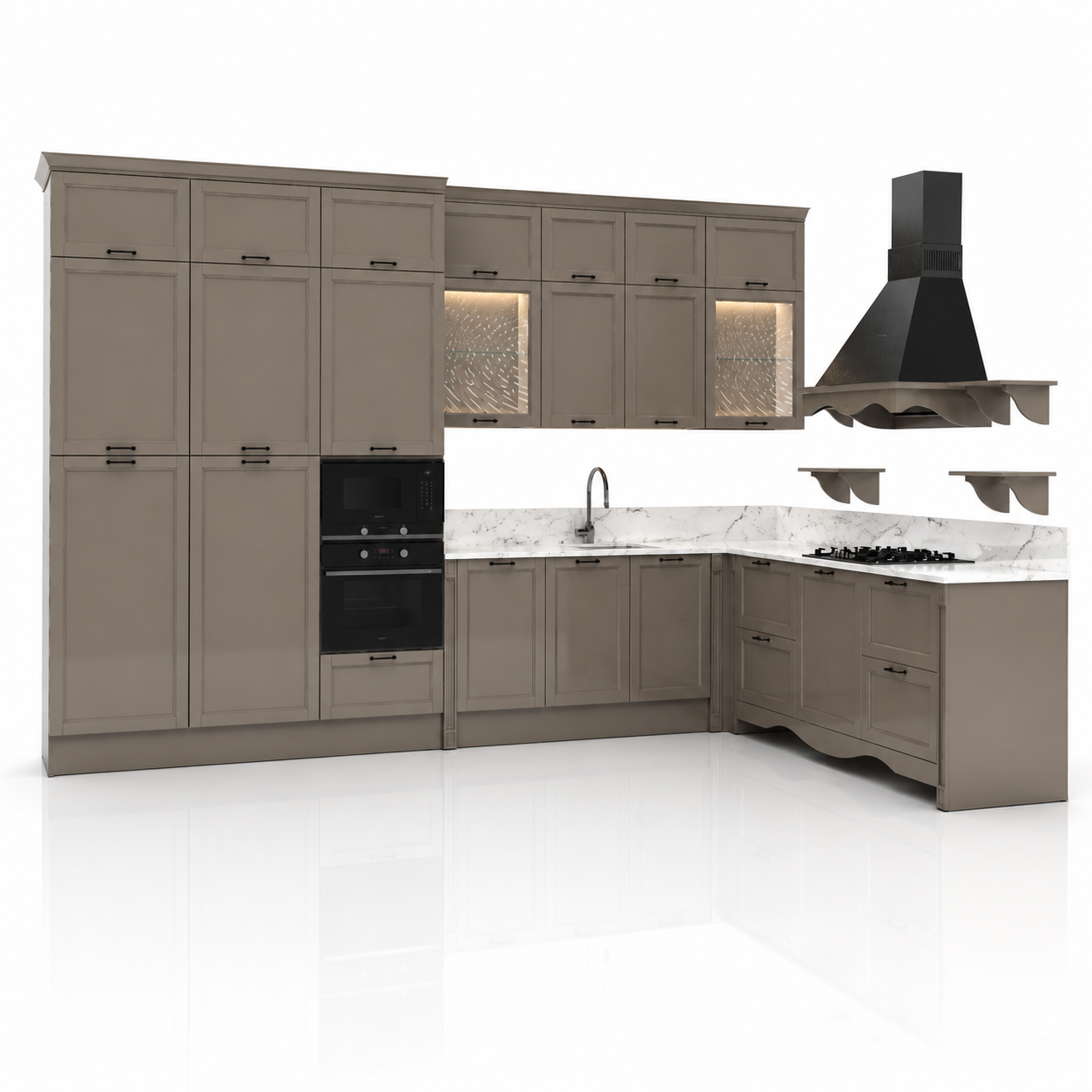 Greige Shaker Kitchen – White Veined Worktop 3D Model 1