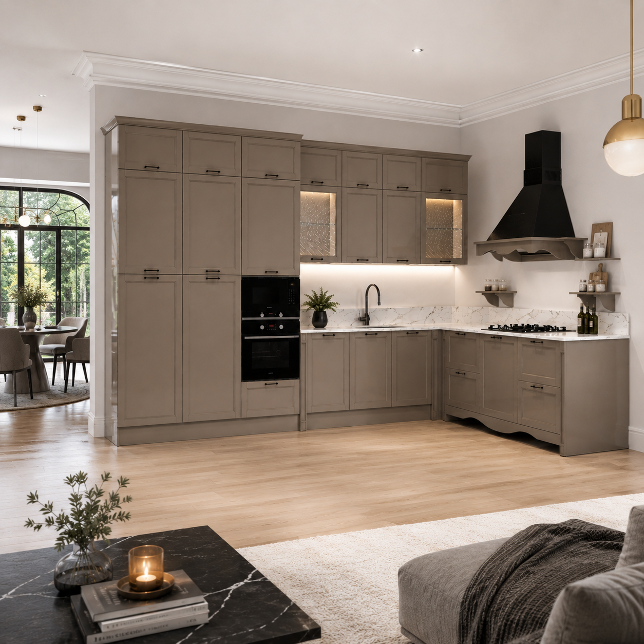 Greige Shaker Kitchen – White Veined Worktop 3D Model 3