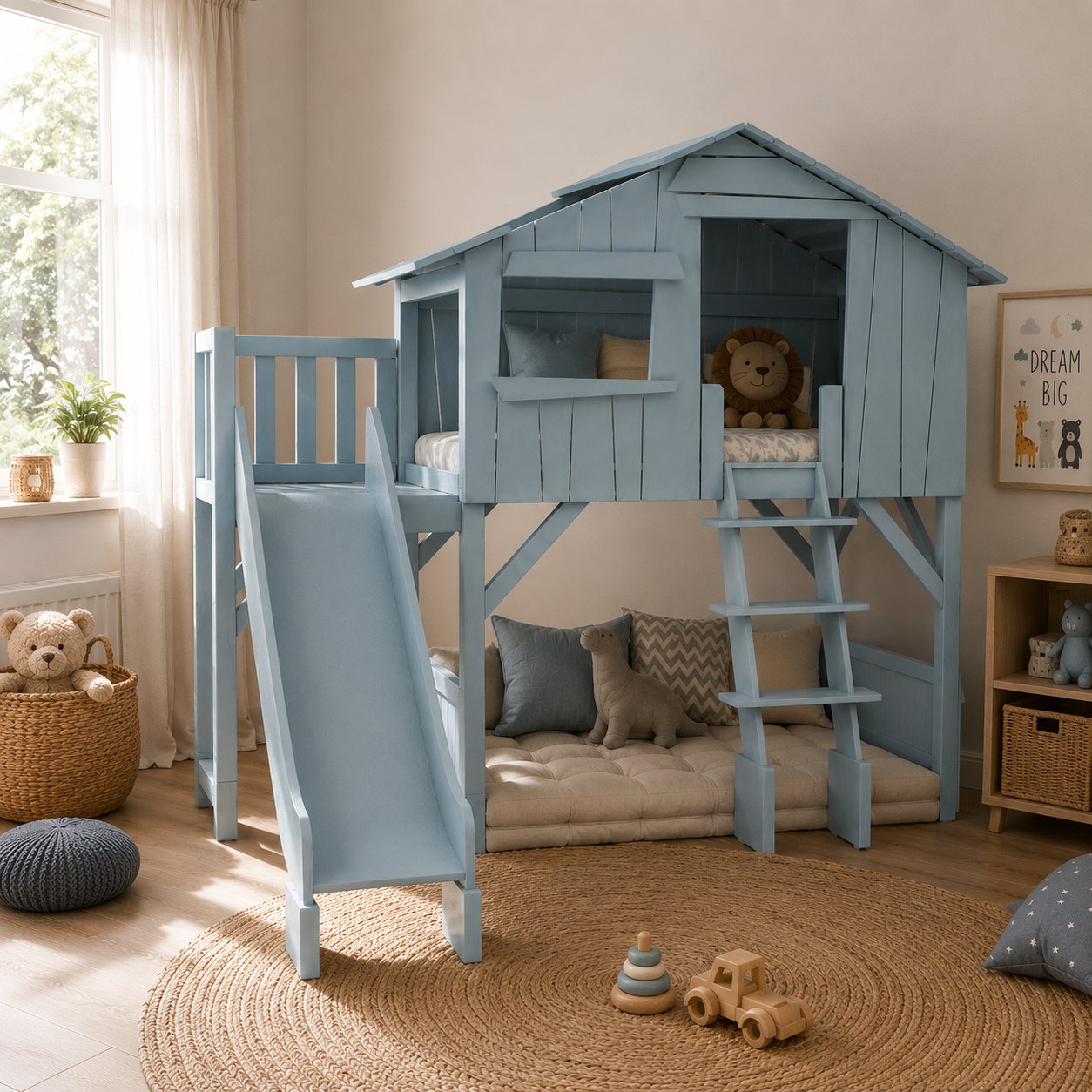 Light Blue Wooden Loft House Bed with Slide & Ladder 3D Model 3