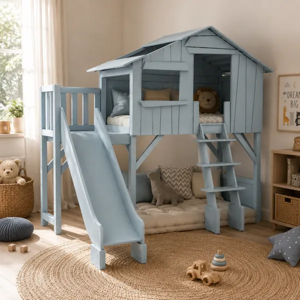 Light Blue Wooden Loft House Bed with Slide & Ladder 3D Model back