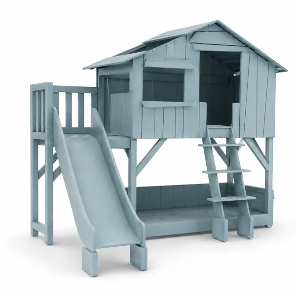 Light Blue Wooden Loft House Bed with Slide & Ladder 3D Model