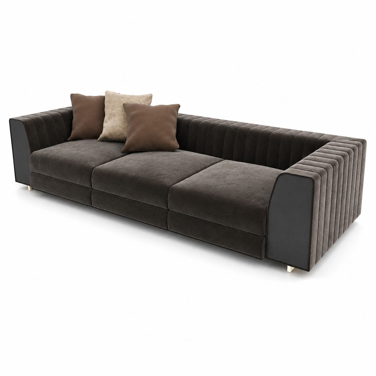Dark Taupe Channel-Tufted Sofa – Mixed Brown Cushions 3D Model 3