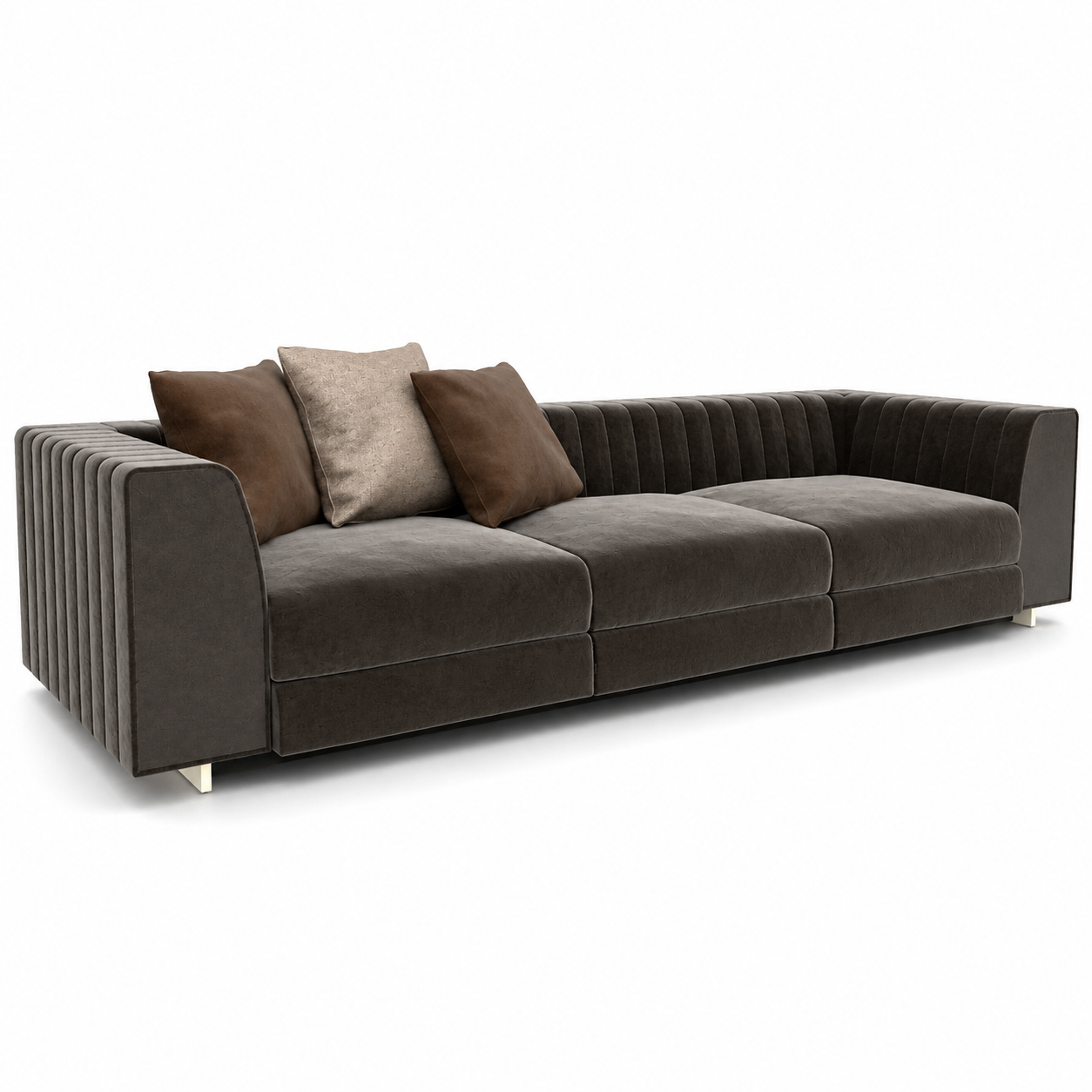 Dark Taupe Channel-Tufted Sofa – Mixed Brown Cushions 3D Model 1