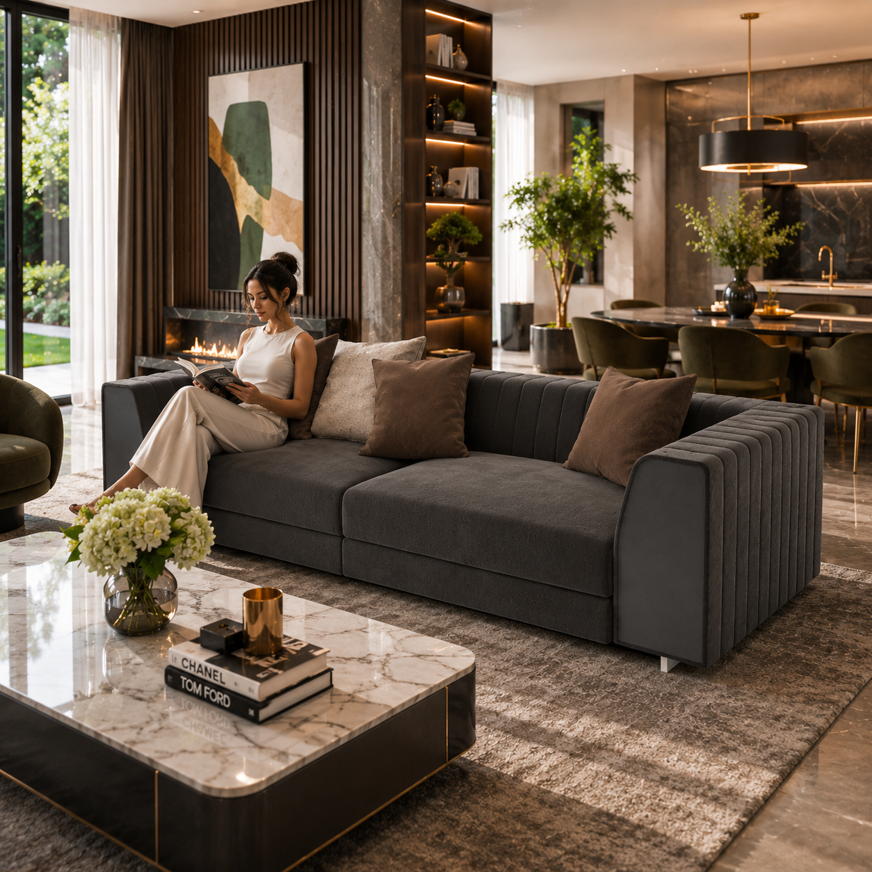 Dark Taupe Channel-Tufted Sofa – Mixed Brown Cushions 3D Model 4