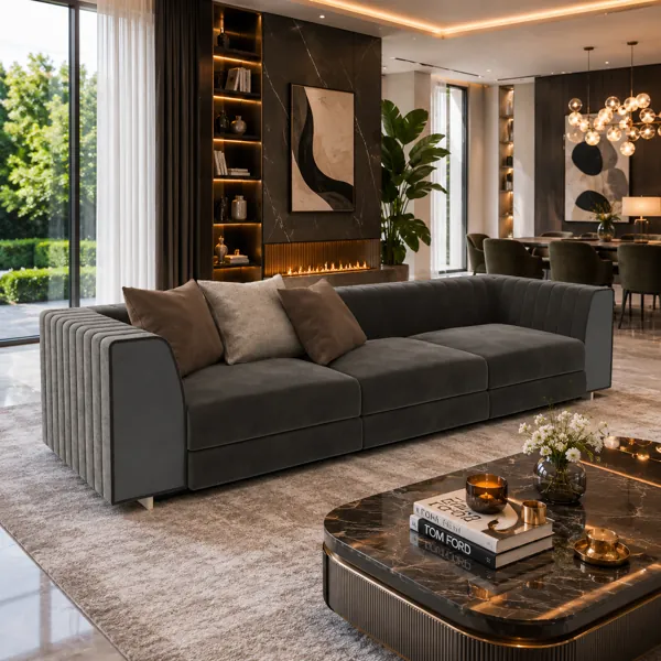 Dark Taupe Channel-Tufted Sofa – Mixed Brown Cushions 3D Model back