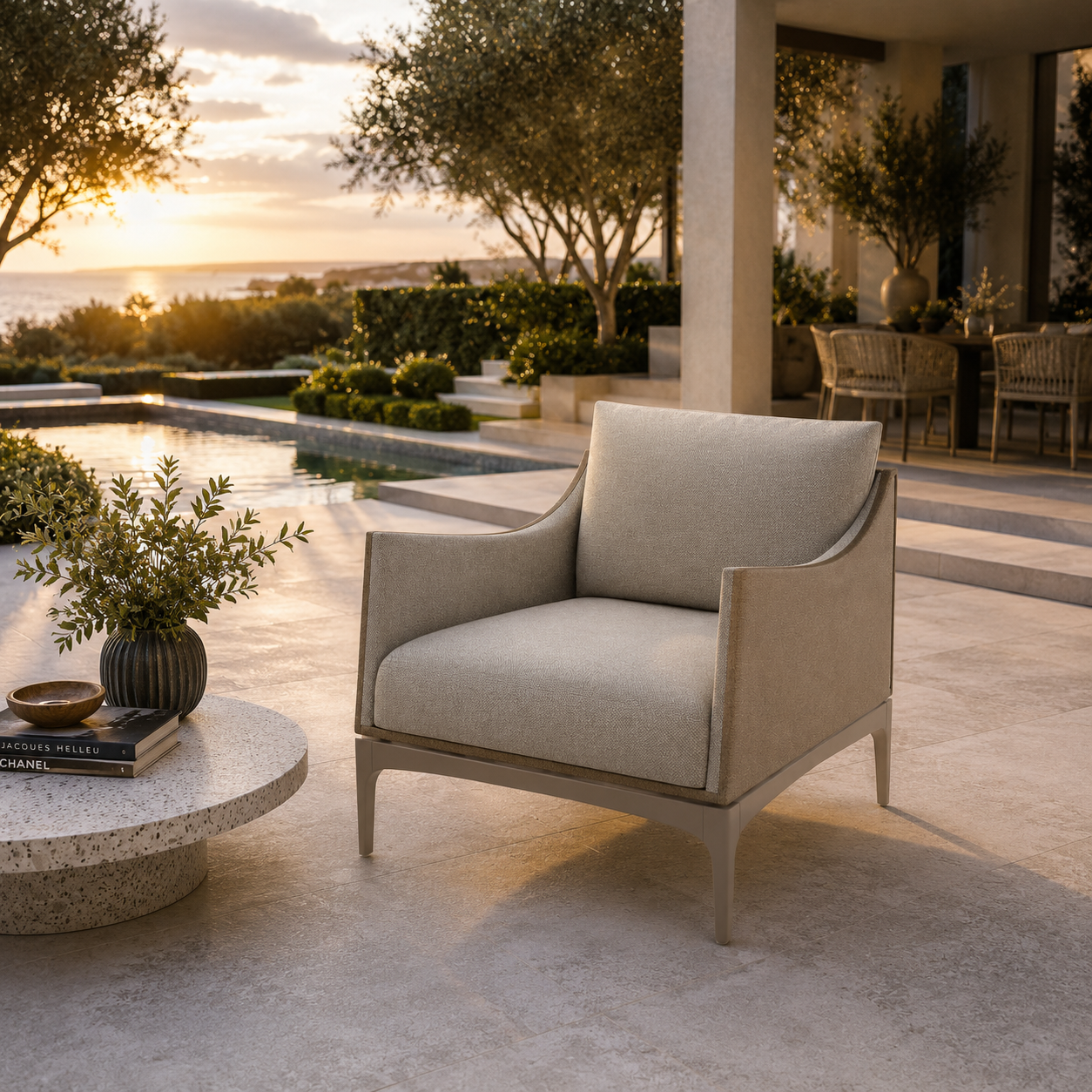 Light Gray Fabric Armchair with Beige Leather Sides 3D Model 2