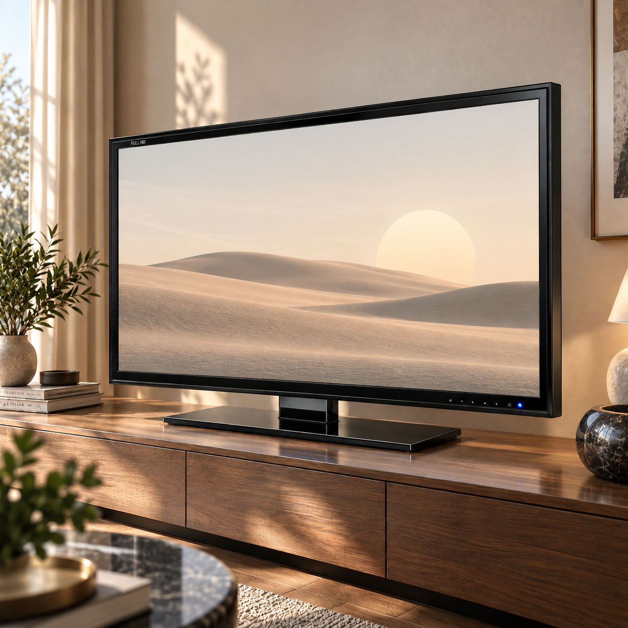 Black TV with Glossy Pedestal Base 3D Model 4