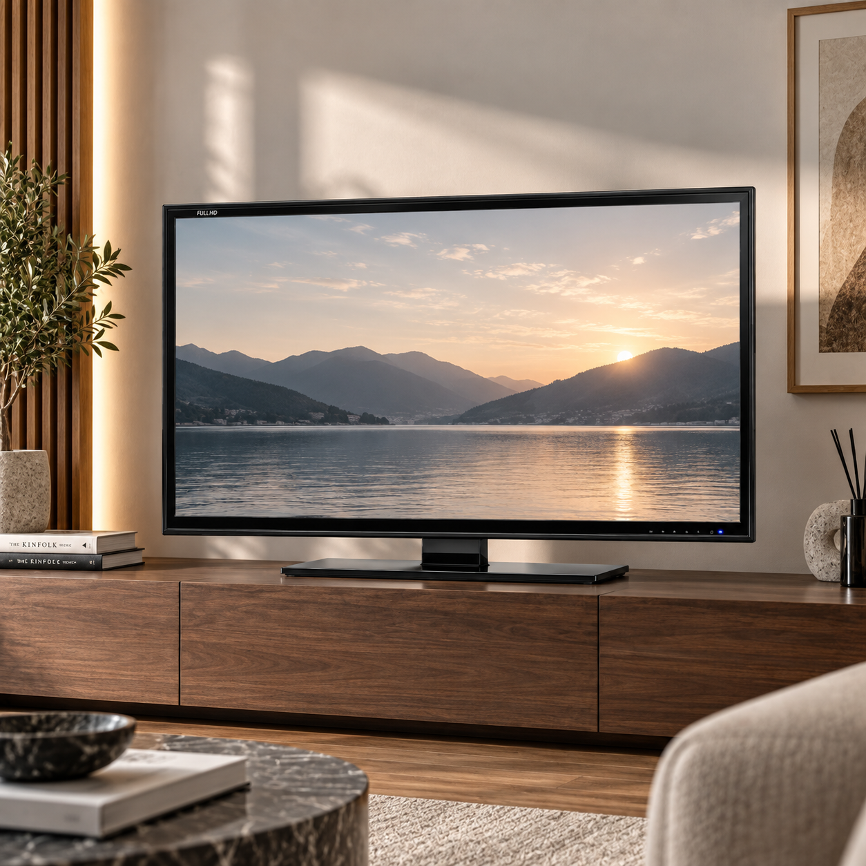 Black TV with Glossy Pedestal Base 3D Model 2