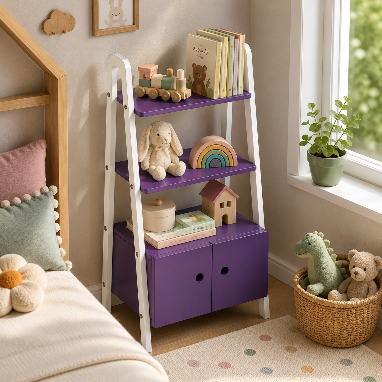 Purple Ladder Wardrobe – White A-Frame Open Shelves 3D Model 3
