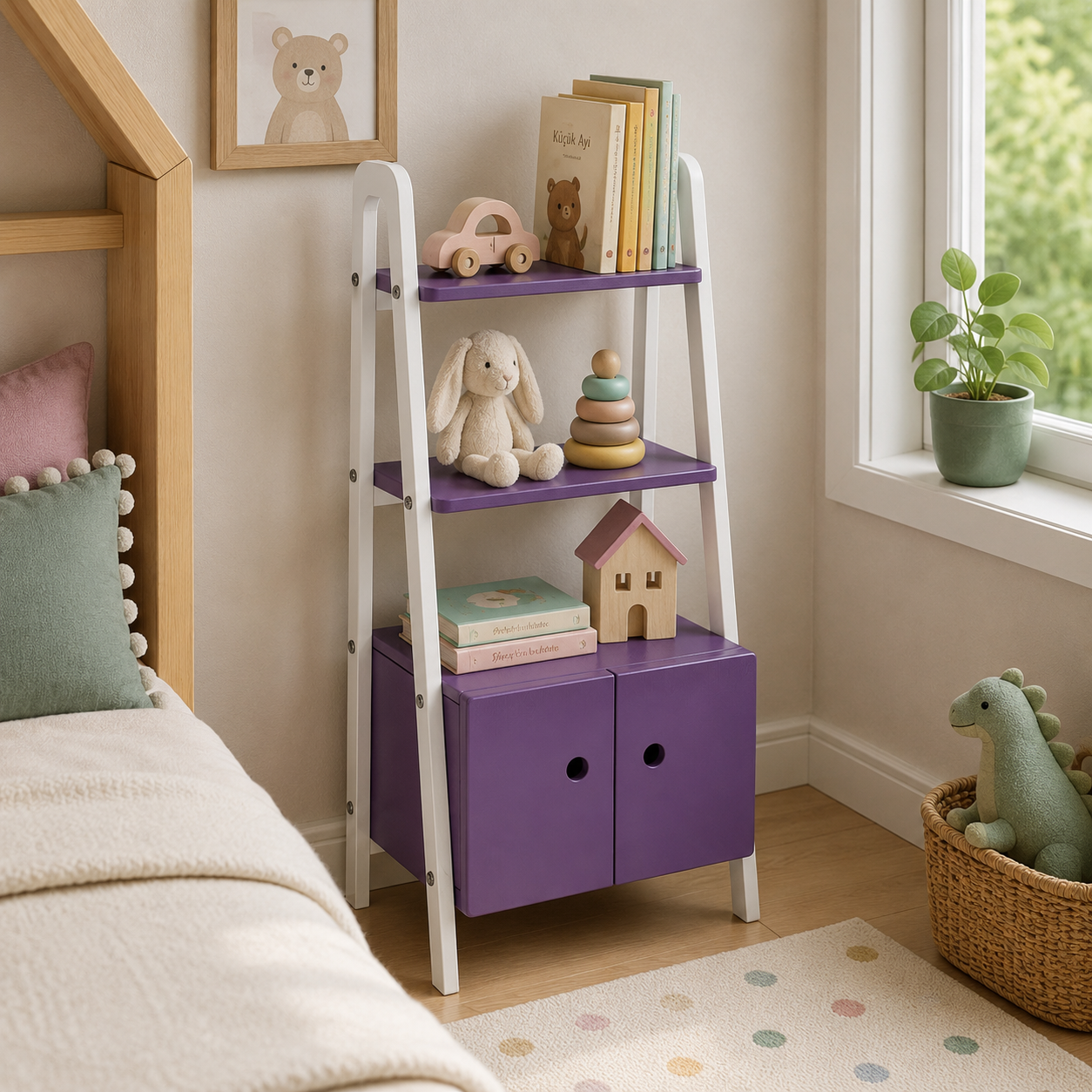 Purple Ladder Wardrobe – White A-Frame Open Shelves 3D Model 2