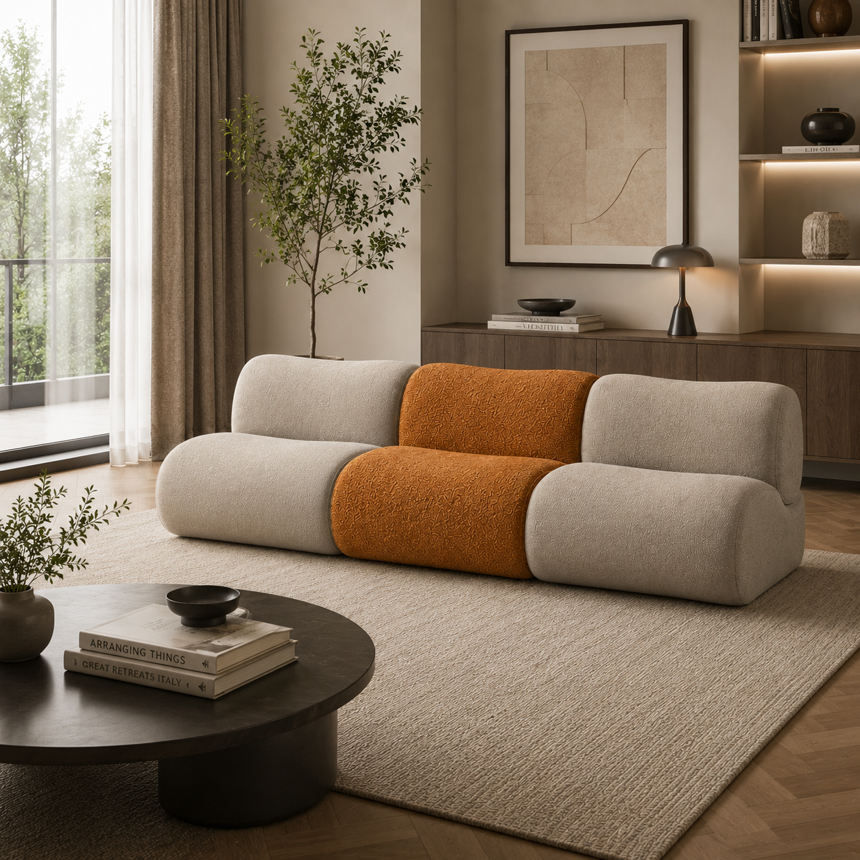Modern Beige Camel Fabric Modular Lounge Sofa 3D Model 4
