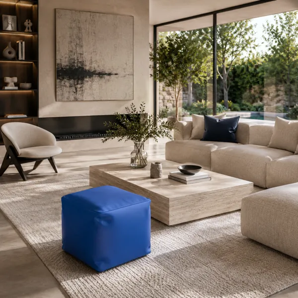 Cobalt Blue Cube Pouf – Soft Creased Fabric 3D Model back