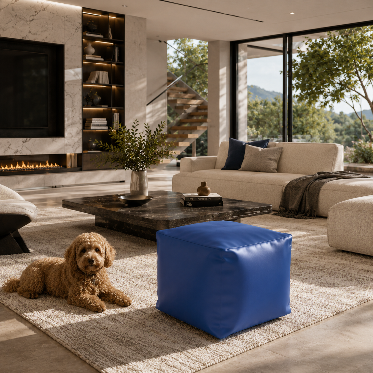 Cobalt Blue Cube Pouf – Soft Creased Fabric 3D Model 4