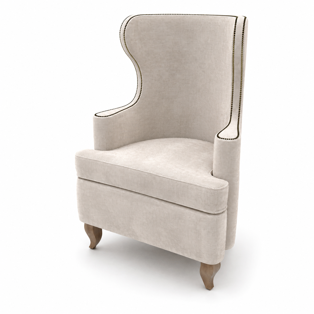 Cream Textured Wingback Armchair – Dark Nailhead Trim 3D Model 3