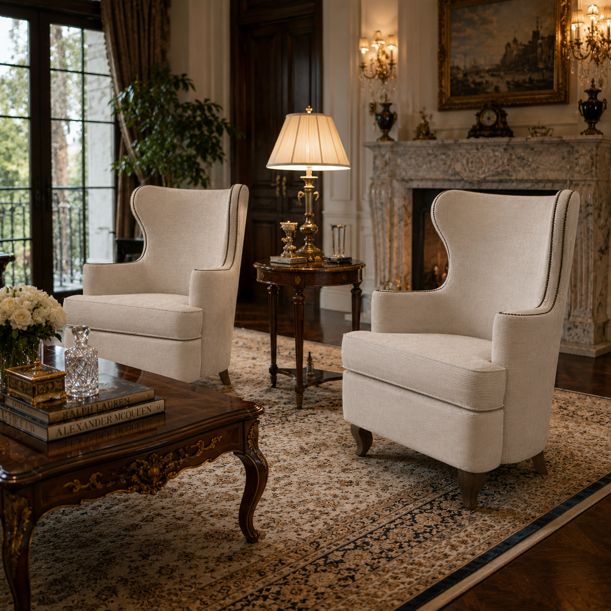 Cream Textured Wingback Armchair – Dark Nailhead Trim 3D Model 4