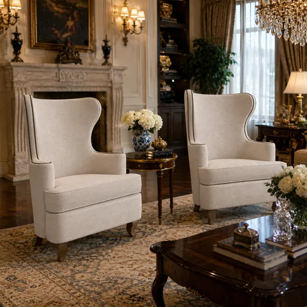 Cream Textured Wingback Armchair – Dark Nailhead Trim 3D Model back