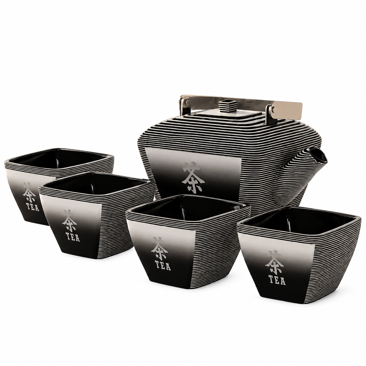Black Silver Ribbed Porcelain Tea Set 3D Model 3