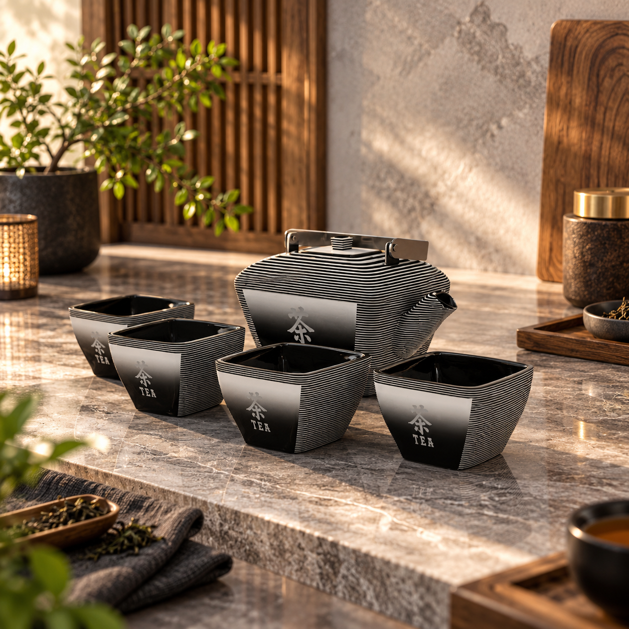 Black Silver Ribbed Porcelain Tea Set 3D Model 4
