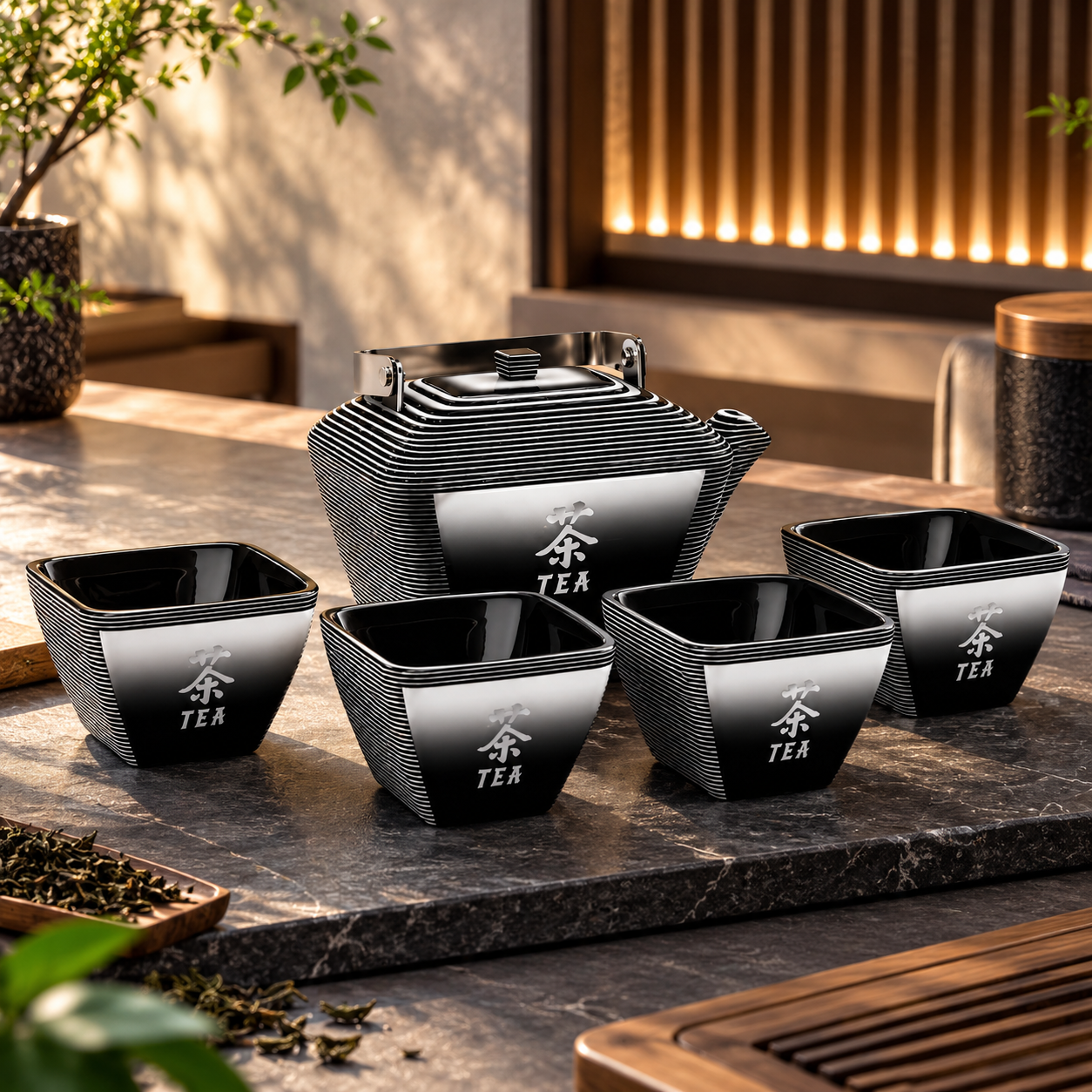 Black Silver Ribbed Porcelain Tea Set 3D Model 2