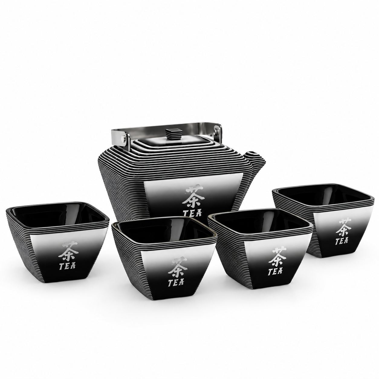 Black Silver Ribbed Porcelain Tea Set 3D Model 1