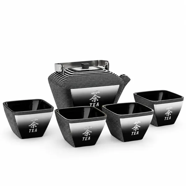 Black Silver Ribbed Porcelain Tea Set 3D Model