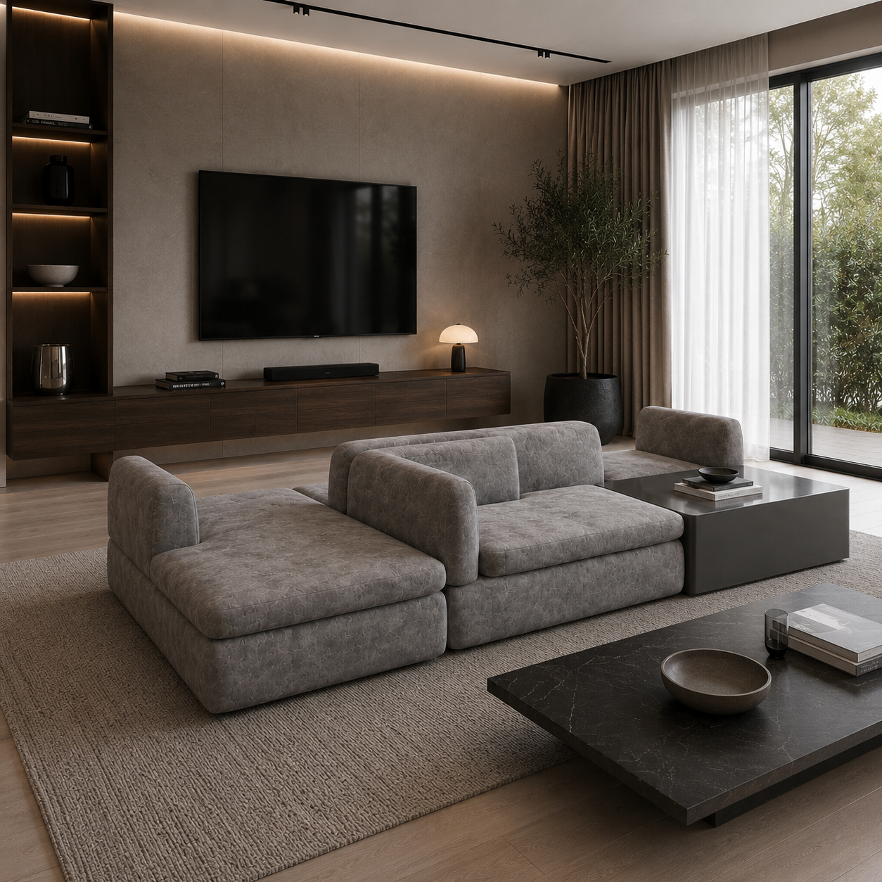 Gray Modular Low-Profile Sofa with Integrated Side Table 3D Model 4