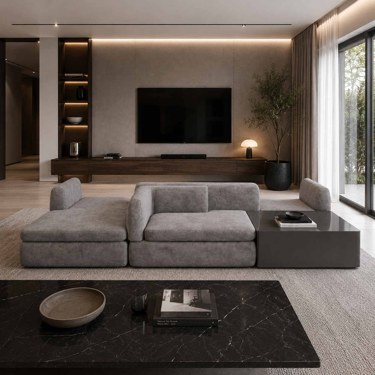 Gray Modular Low-Profile Sofa with Integrated Side Table 3D Model 2