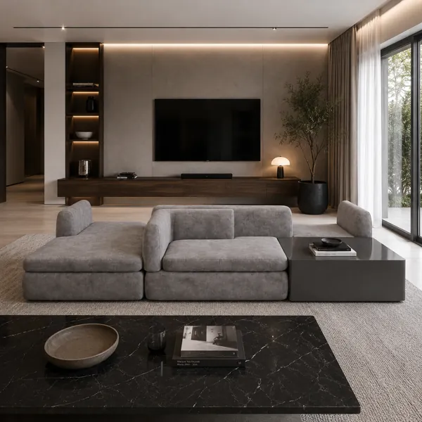 Gray Modular Low-Profile Sofa with Integrated Side Table 3D Model back