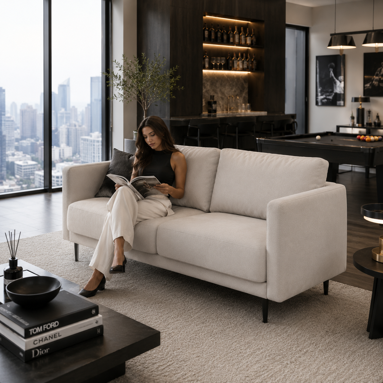 Modern Beige Fabric Sofa – Slim Black Metal Legs 3D Model 4