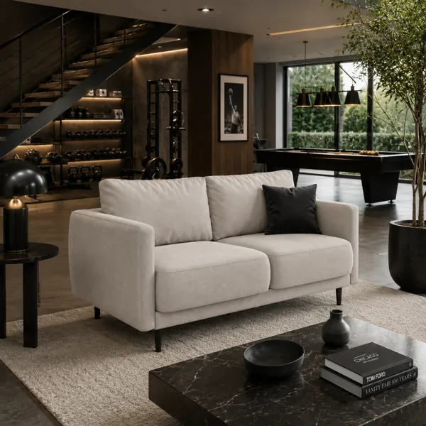 Modern Beige Fabric Sofa – Slim Black Metal Legs 3D Model back