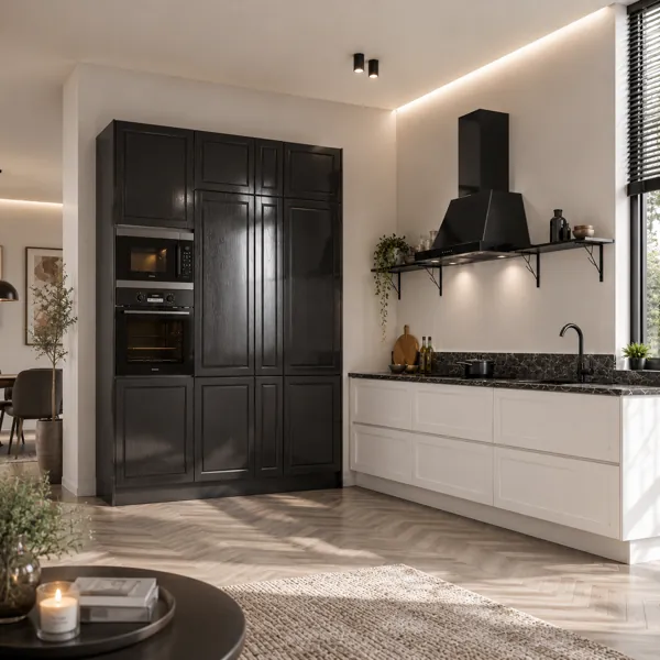 Black & White Full Kitchen – Dark Veined Worktop 3D  Model back