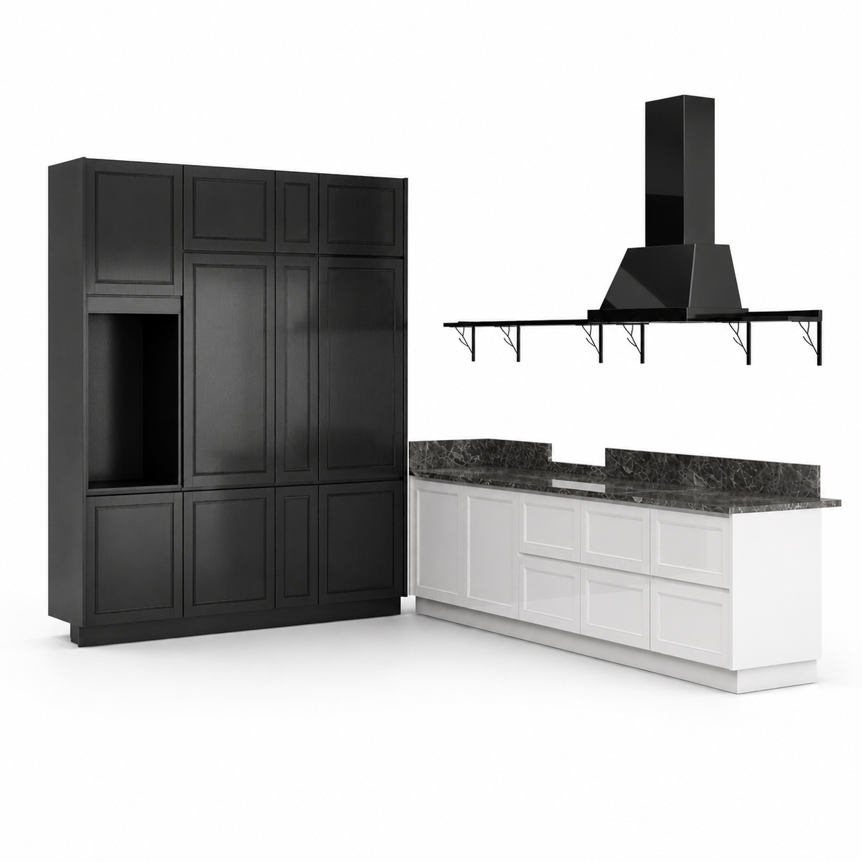 Black & White Full Kitchen – Dark Veined Worktop 3D  Model 1