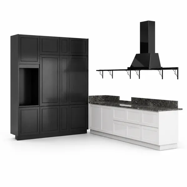 Black & White Full Kitchen – Dark Veined Worktop 3D  Model