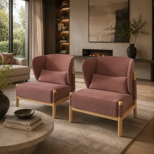 Dusty Rose Wingback Loveseat with Light Wood Frame 3D Model back