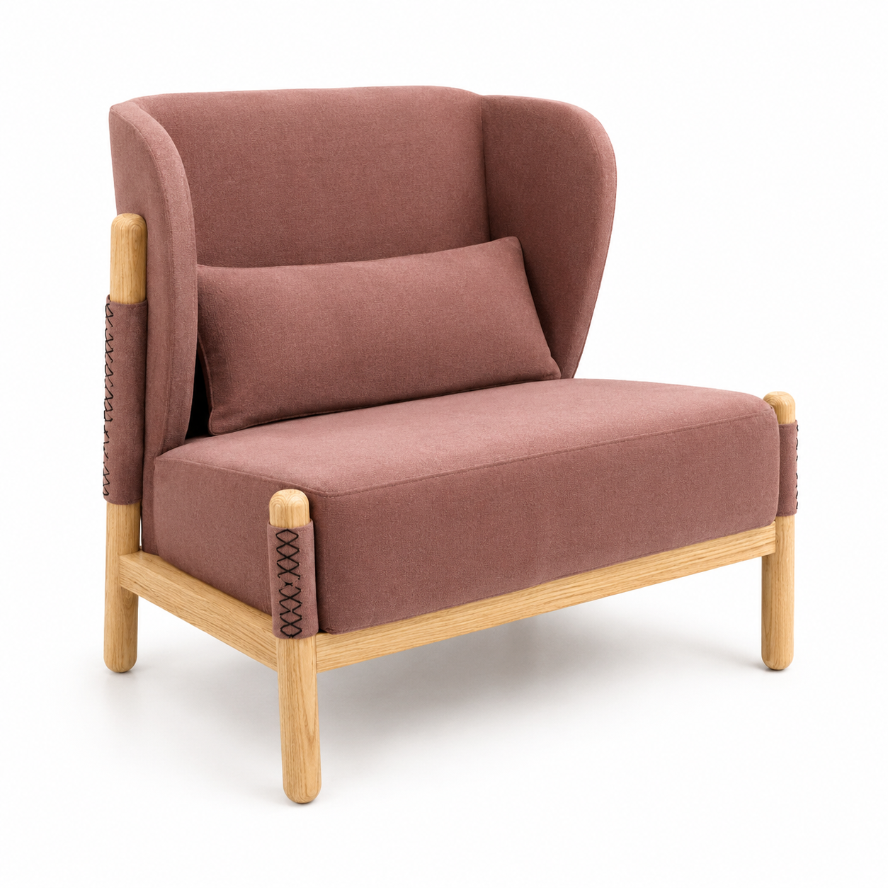 Dusty Rose Wingback Loveseat with Light Wood Frame 3D Model 1