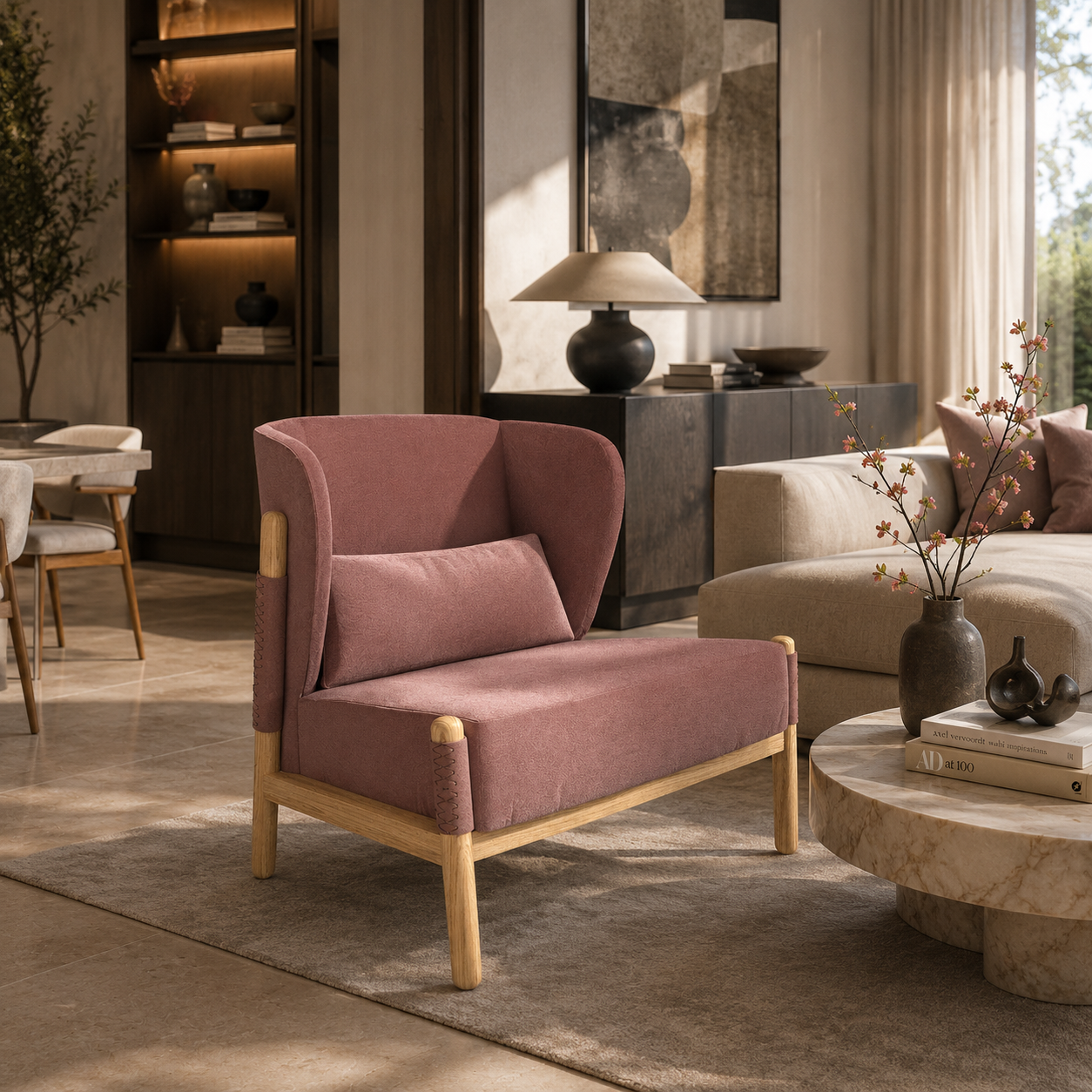 Dusty Rose Wingback Loveseat with Light Wood Frame 3D Model 4