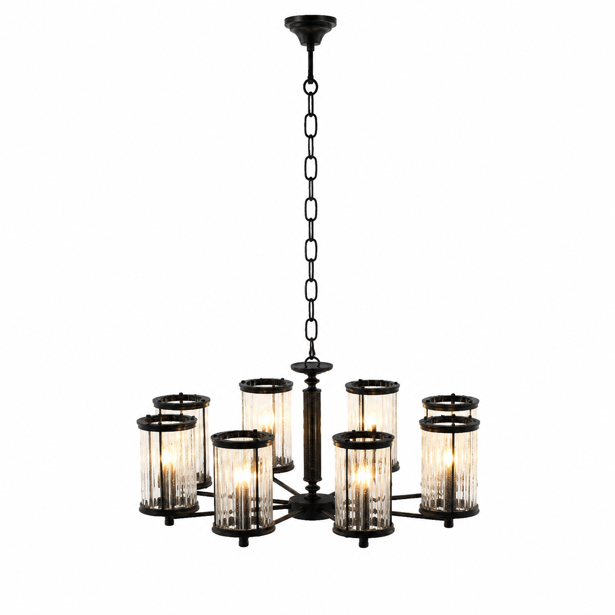 Black 8-Light Ribbed Glass Chandelier 3D Model 1
