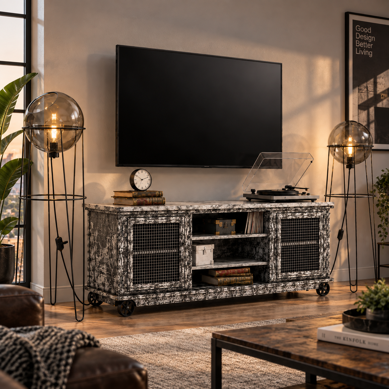 Industrial TV Console Set with Floor Lamps 3D Model 2
