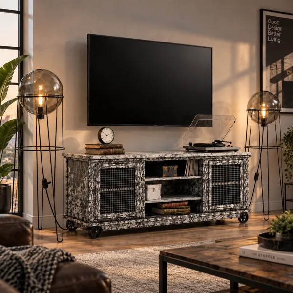 Industrial TV Console Set with Floor Lamps 3D Model back