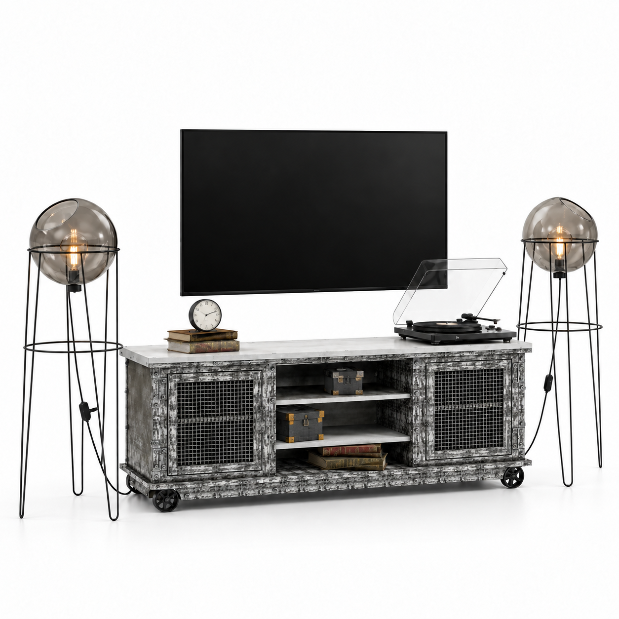Industrial TV Console Set with Floor Lamps 3D Model 1