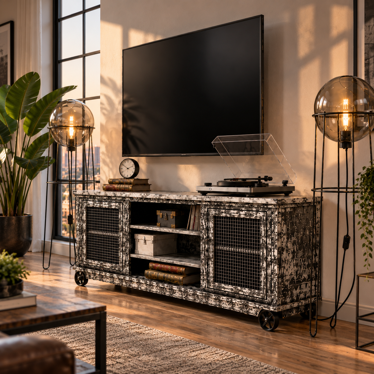 Industrial TV Console Set with Floor Lamps 3D Model 4