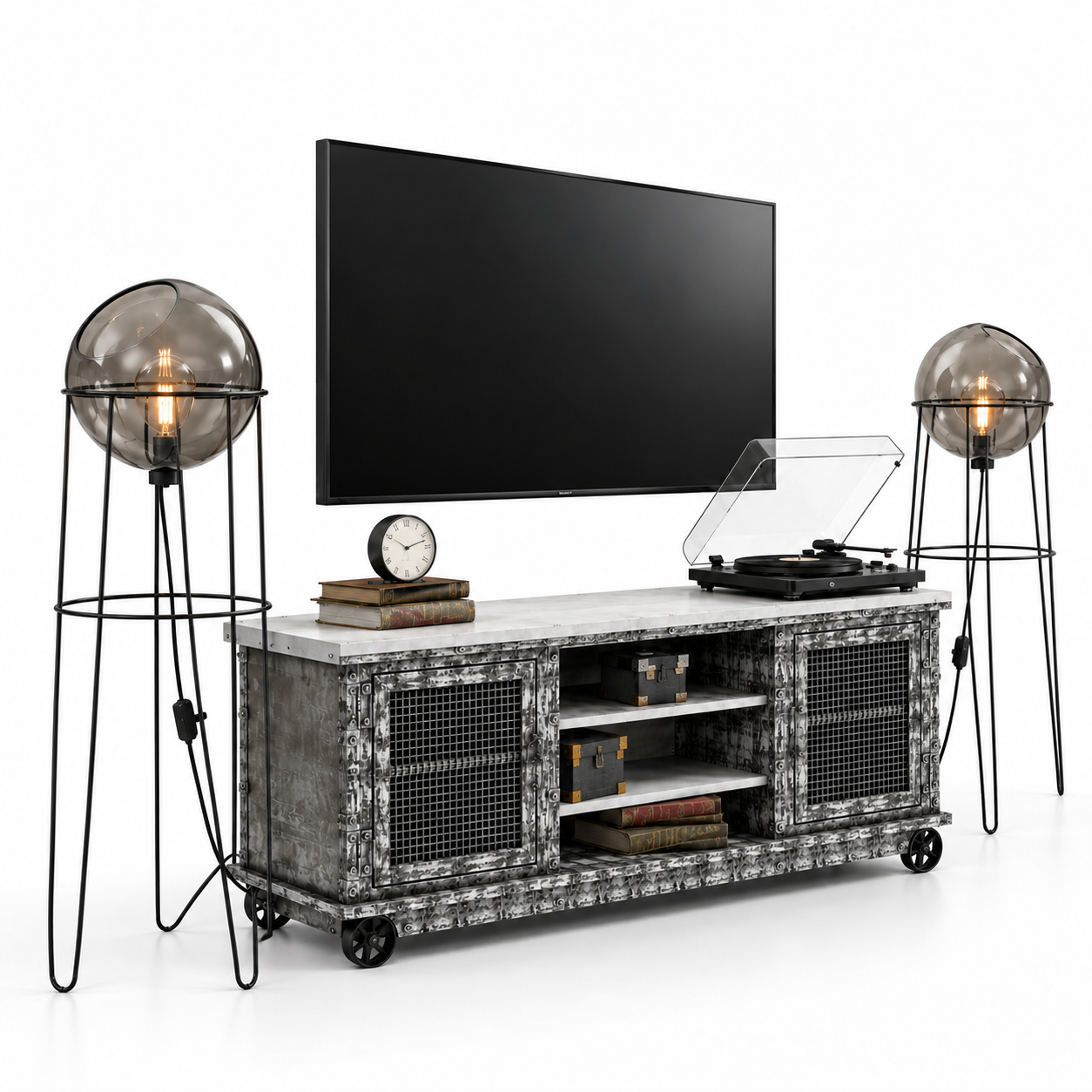 Industrial TV Console Set with Floor Lamps 3D Model 3
