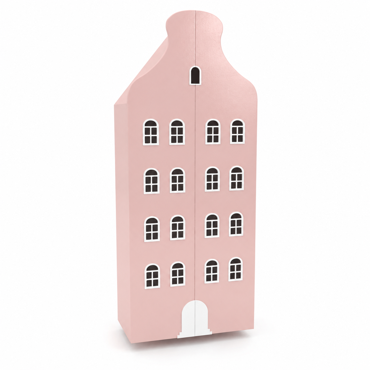 Blush Pink Townhouse Wardrobe – White Arched Windows 3D Model 1