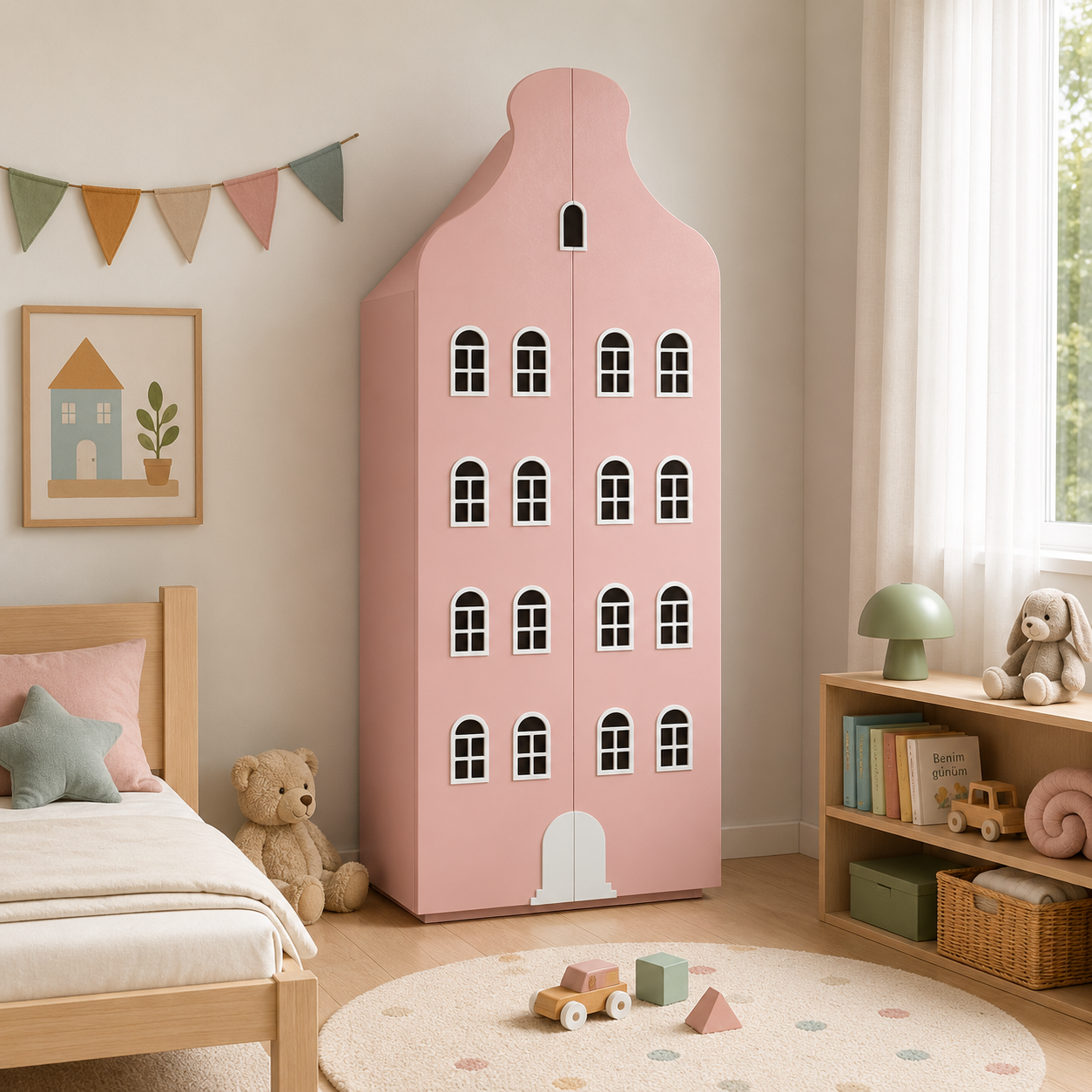 Blush Pink Townhouse Wardrobe – White Arched Windows 3D Model 3
